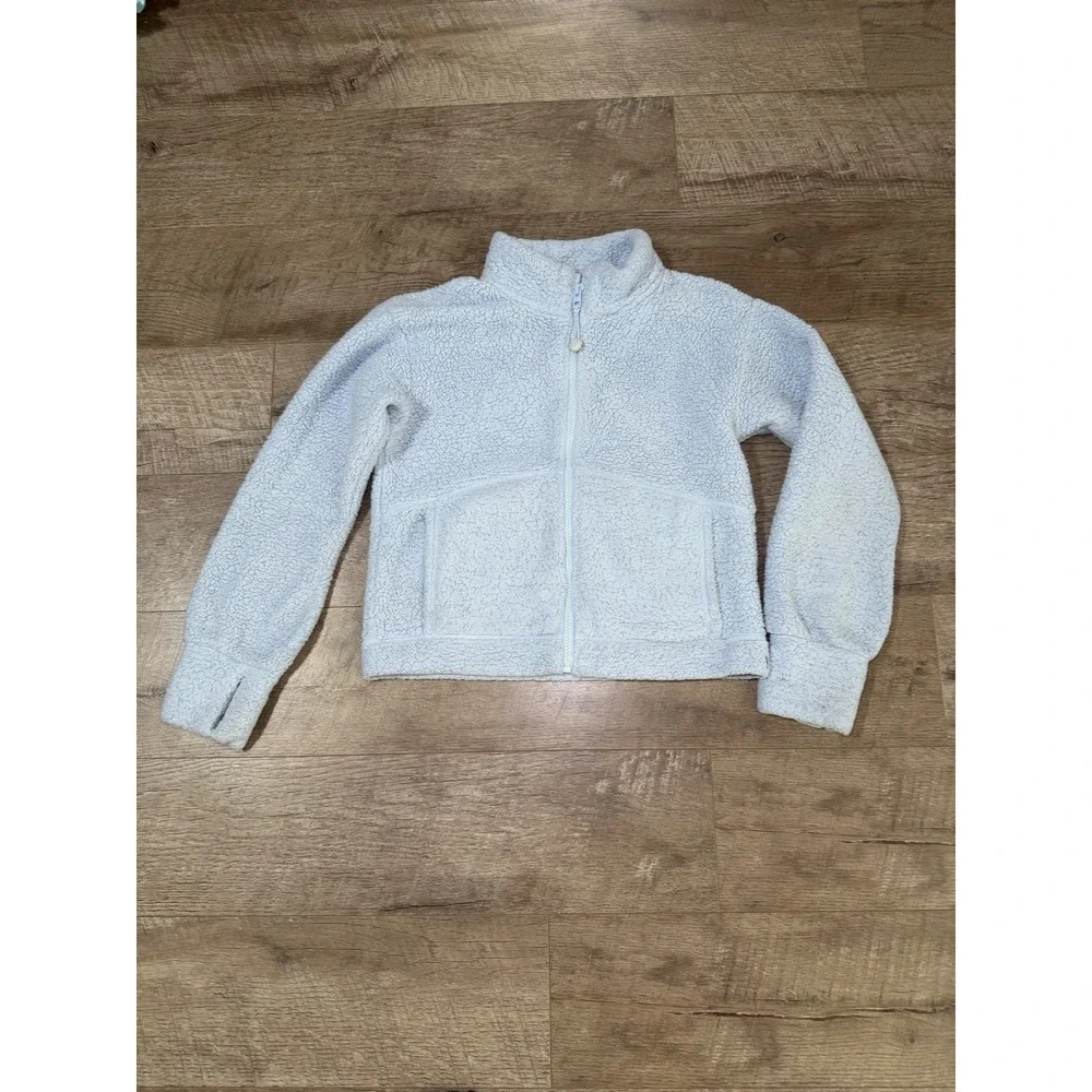 Athleta Girl Tugga Sherpa Fleece Jacket Light Blue Full Zip Thumbholes Size L 12